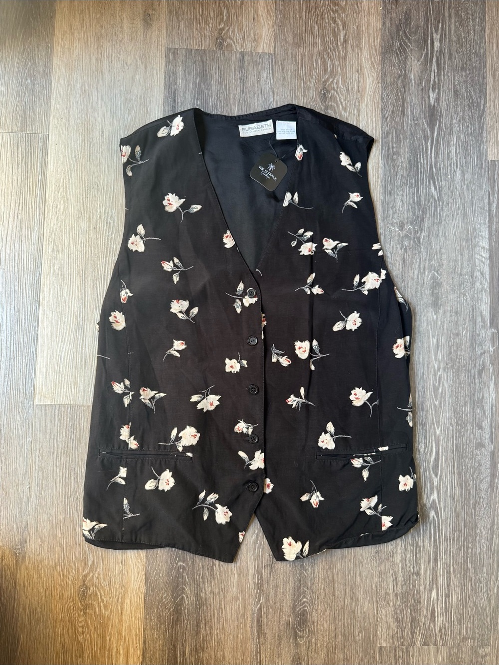 Vintage Black Floral Button Front Vest Plus Size,  Union Made in USA, Size 2XL